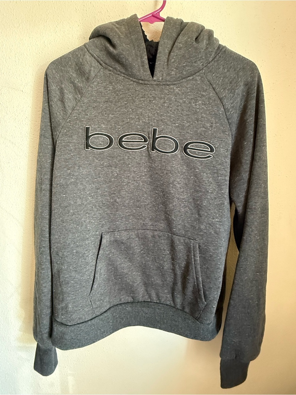 Bebe Sport Gray Embroidered Logo Pullover Hoodie Sherpa Lined | Size L